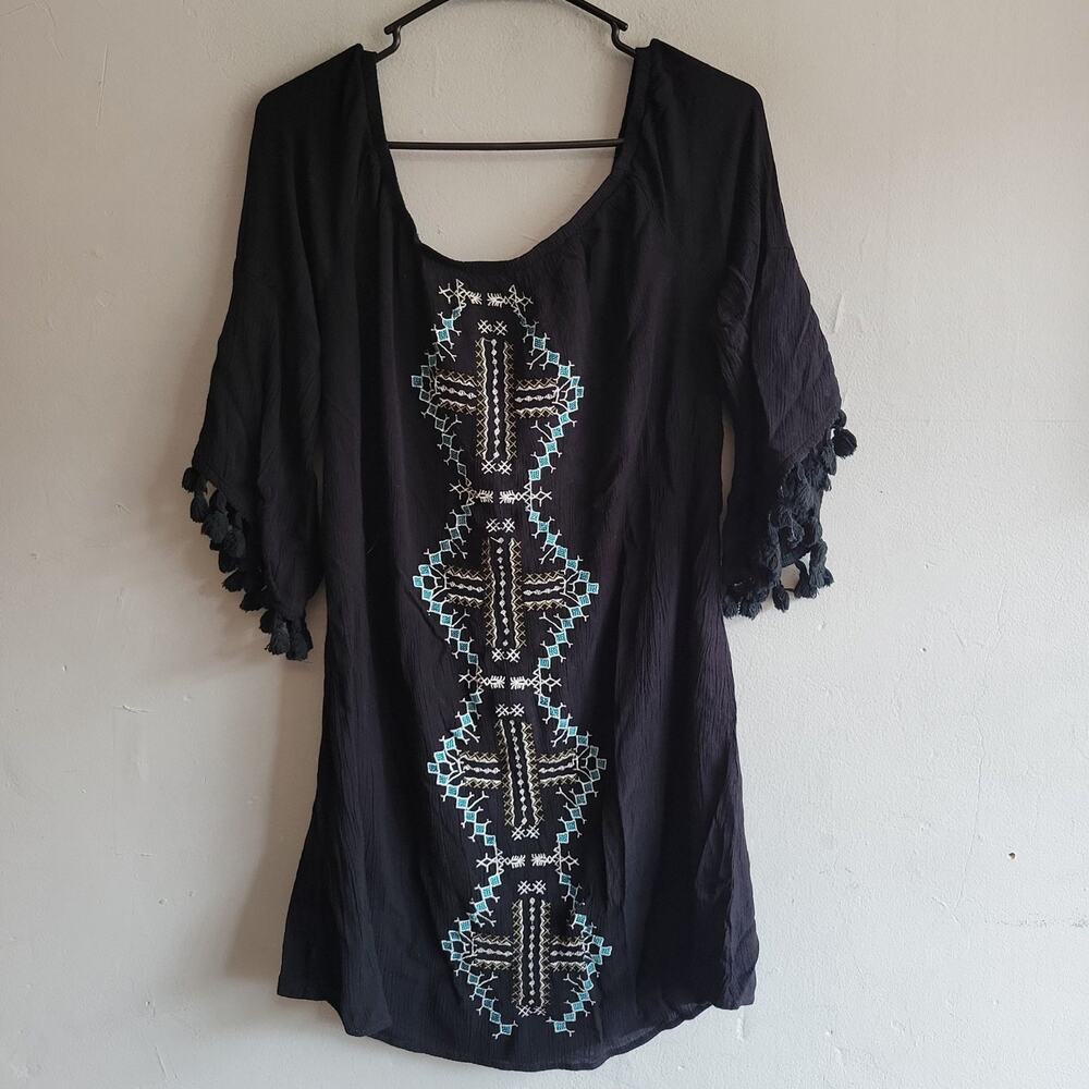 Women's medium black mini dress beach swim cover up embroidered / tassel sleeves